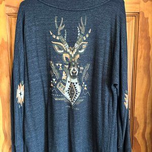 Threadless Grey Cardigan with Deer Print, Size Large